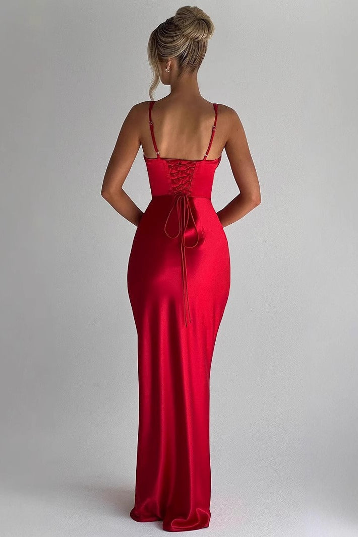V-Neck Bone Structure Satin Backless Silk Dress - View 4 | VelvetHem