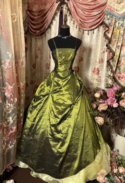 Spaghetti Straps Satin Olive Green Long Party Dress Prom Dresses J8186