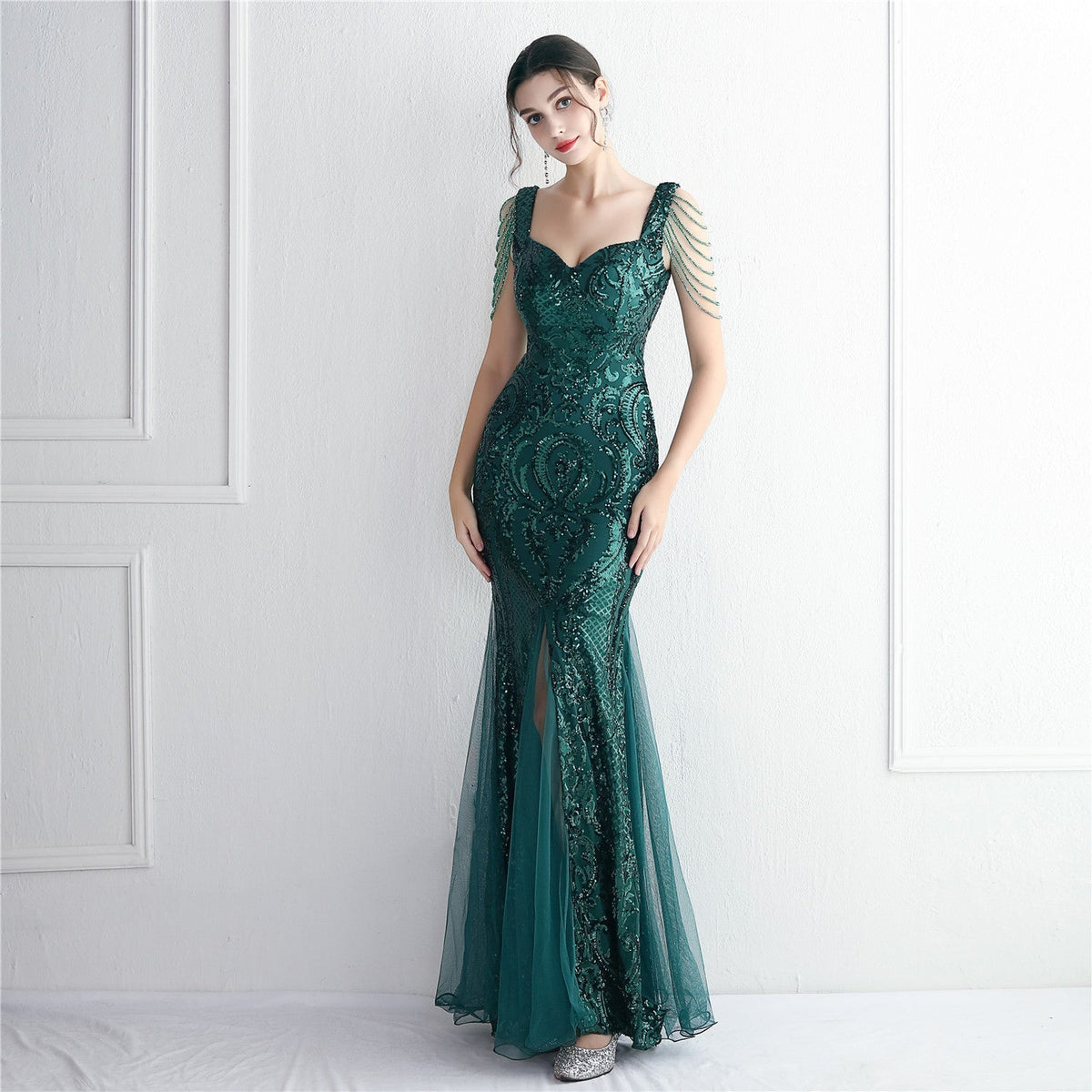 Sequin Mesh Craft Beaded Party Dress Long Cocktail Slim Fit Evening Dress Elegant Long - View 7 | VelvetHem