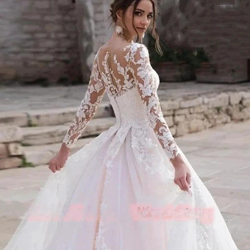 Luxury Pink Long Sleeves Wedding Dress Ball Gown Lace Appliques O-Neck Button Royal Train Bride Gowns Vestido De Novia Princess (ZD13368)