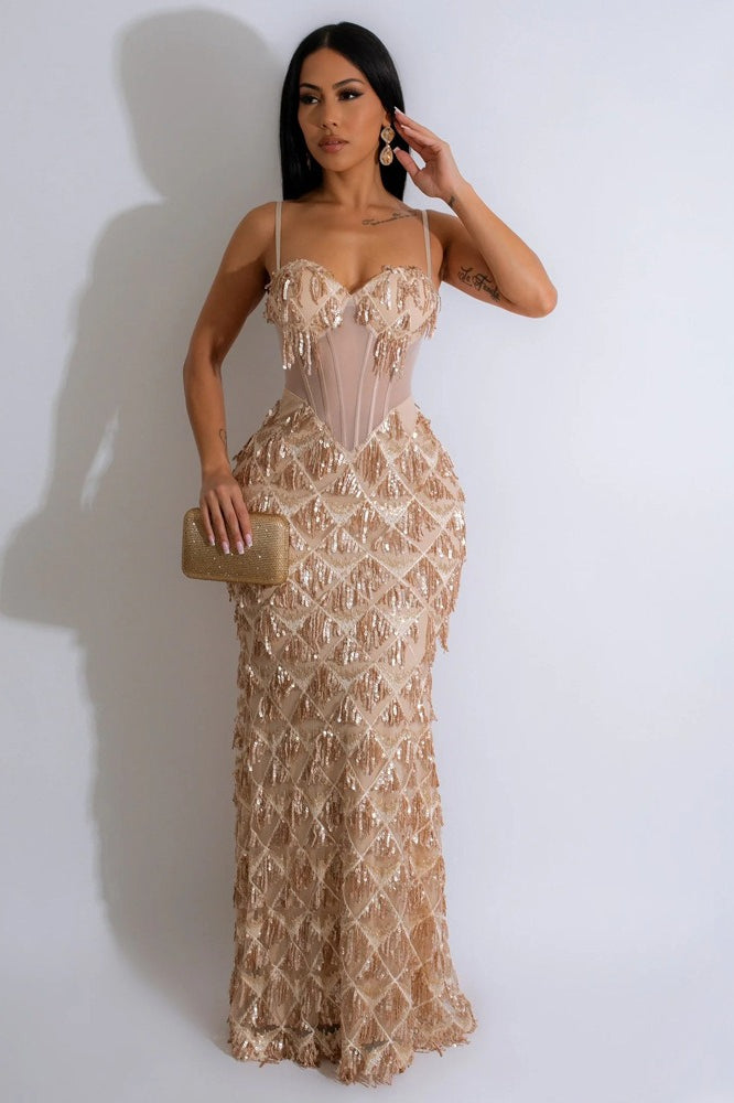 Elegant Spaghetti Strap A-Line Bodycon Maxi Sequin Dress - VelvetHem