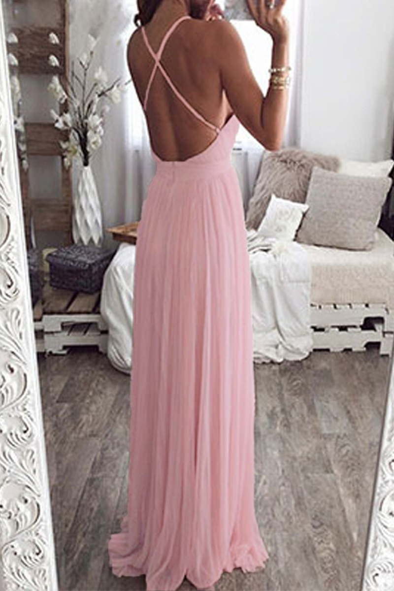 Sexy Solid Color Backless Mesh V Neck Evening Dresses - View 2 | VelvetHem