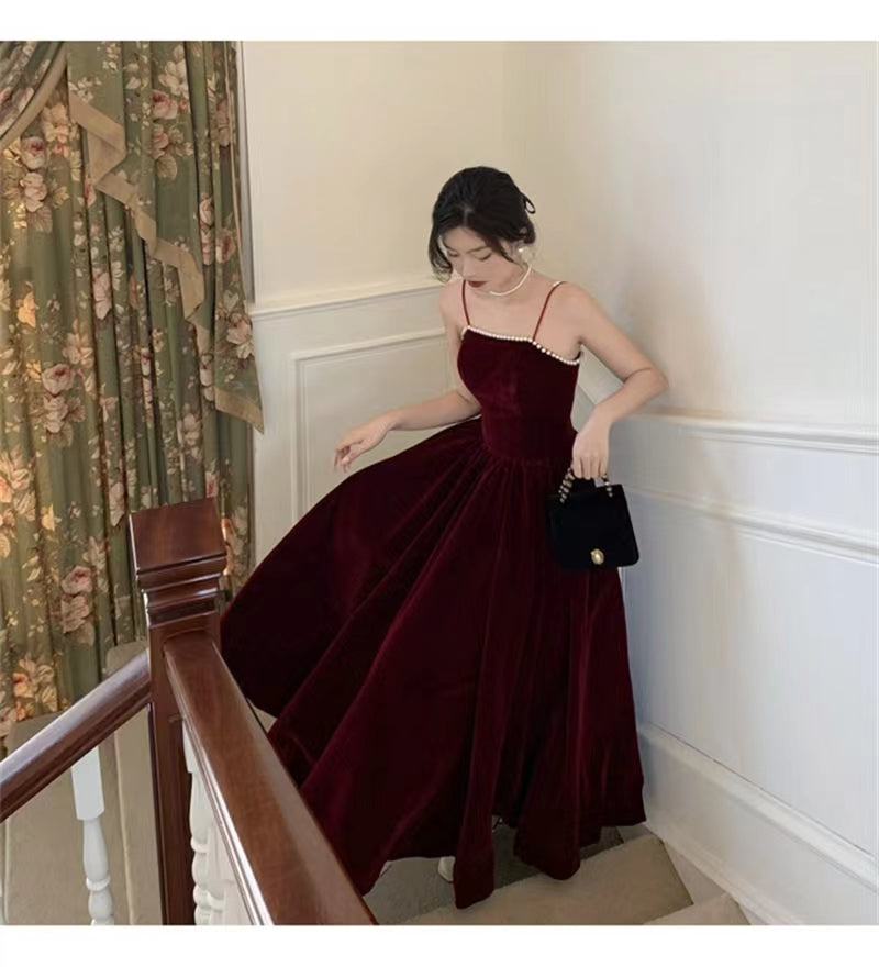 Spaghetti Straps Burgundy Velvet Prom Dress Simple Prom Dress Party Dress - View 6 | FashionDia