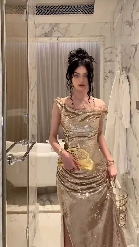 Off Shoulder Sparkling Birthday Dress Long Evening Party Dress J8314