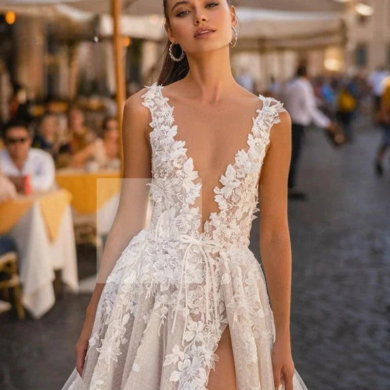Boho Wedding Dresses For Dress Elegant A-Line Sleeveless 3D Appliqued Bride Gown Side Split Sexy Backless Dress (ZD13387)