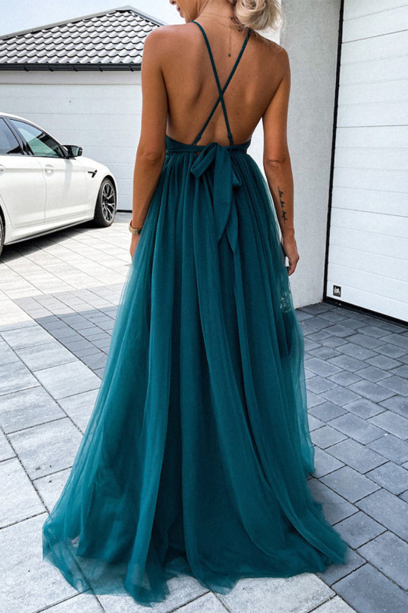 Sexy Solid Lace Mesh V Neck Evening Dress Dresses - View 4 | VelvetHem