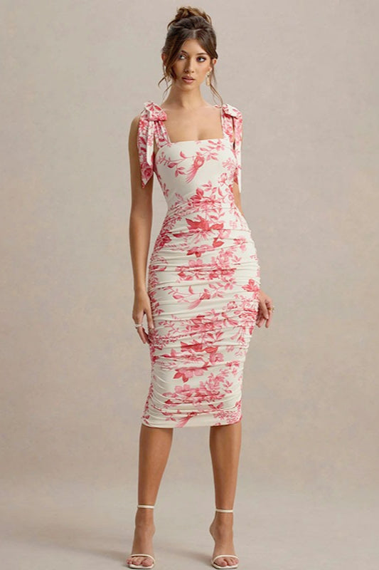 Sweet Floral TieWaist Bodycon Floral Dress