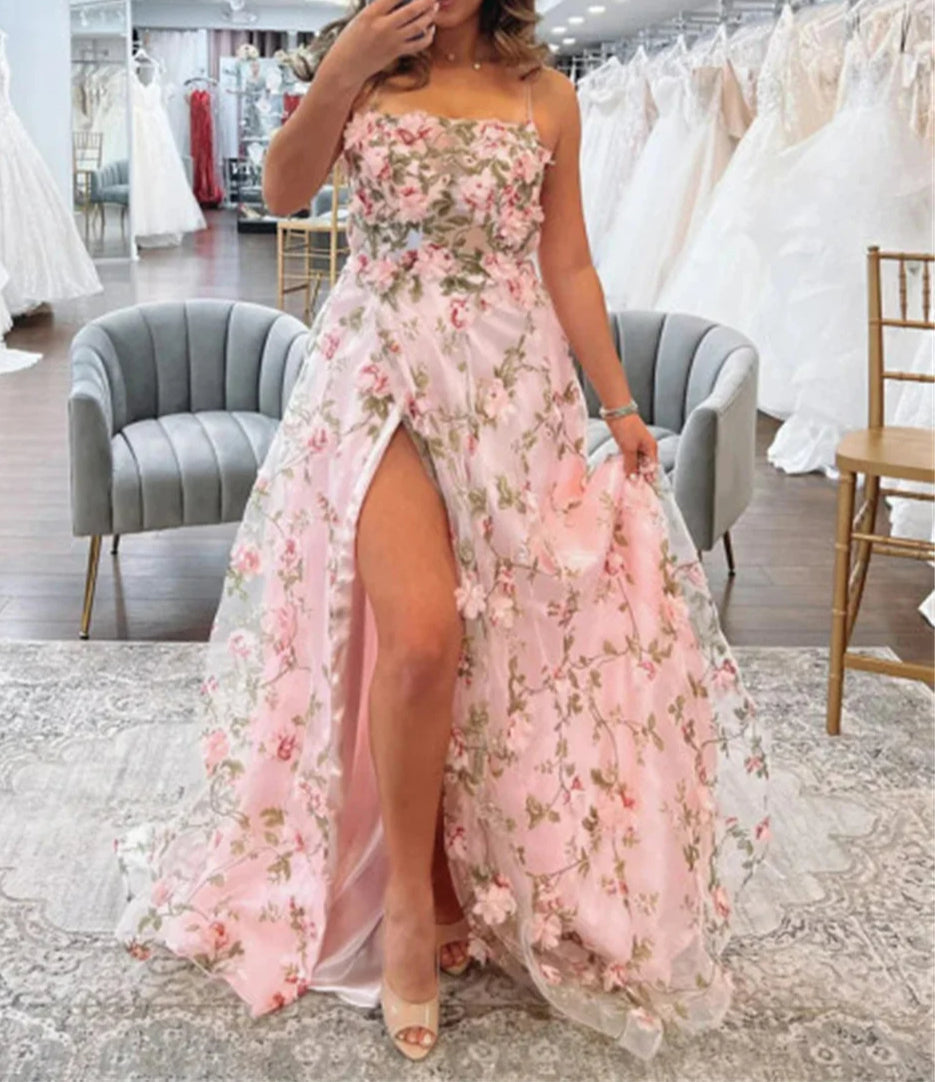 Pink Lace Split Prom Dress - VelvetHem