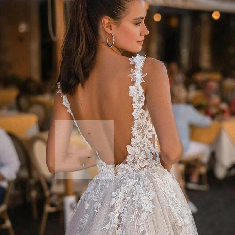 Boho Wedding Dresses For Dress Elegant A-Line Sleeveless 3D Appliqued Bride Gown Side Split Sexy Backless Dress (ZD13387)