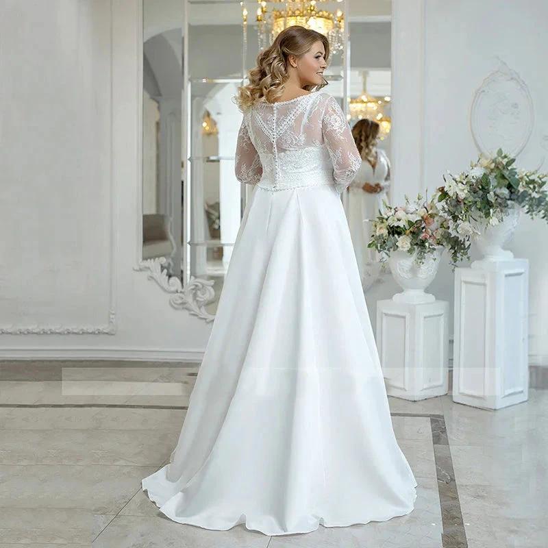 Beach Plus Size Wedding Dress Woman Satin Bohemian Lace Long Sleeve V Neck A Line Floor Length Bridal Gown White (ZD13497)