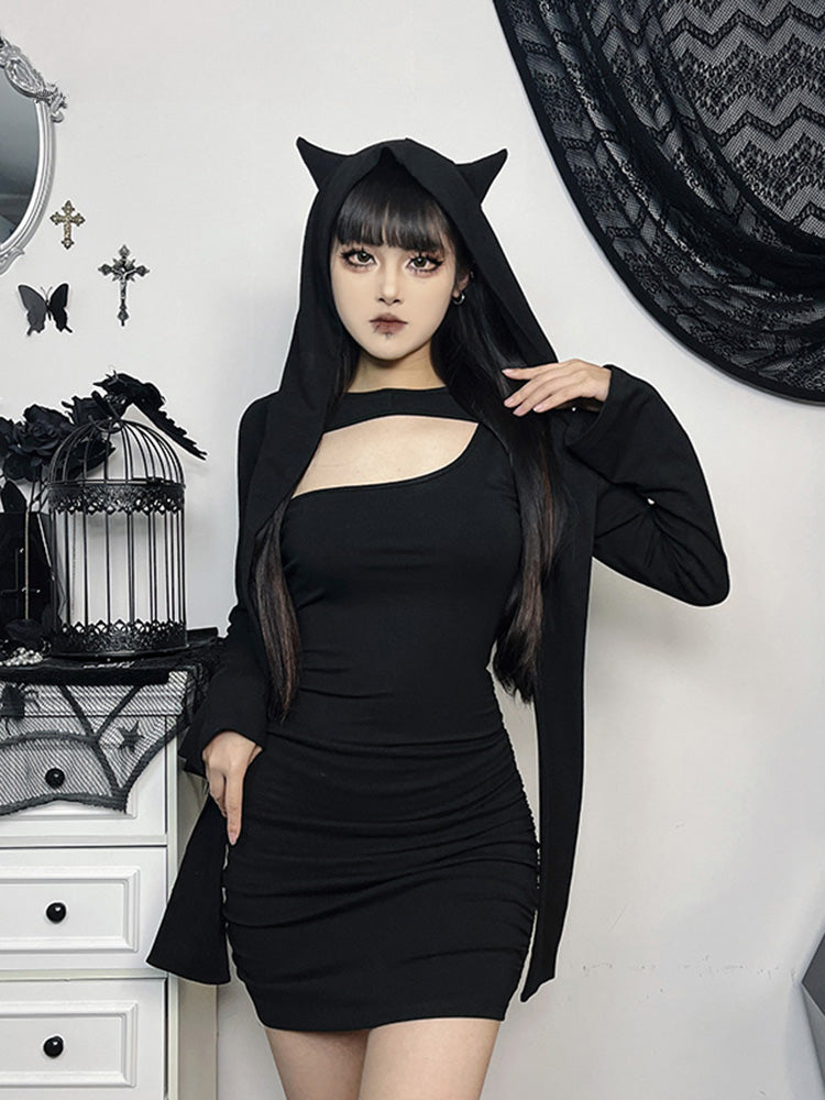 Wasteland Kitten Hollow Out Long Sleeve Folds Bodycon Dress - VelvetHem