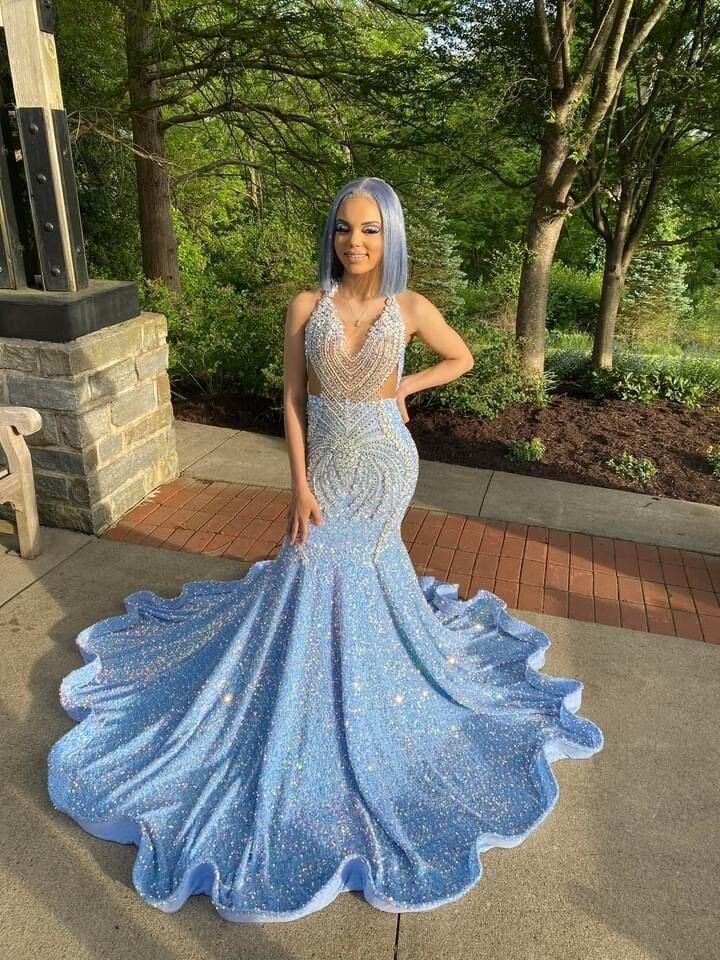 Gorgeous Blue Sequins Beaded Mermaid Evening Dress Shiny Party Prom Dress