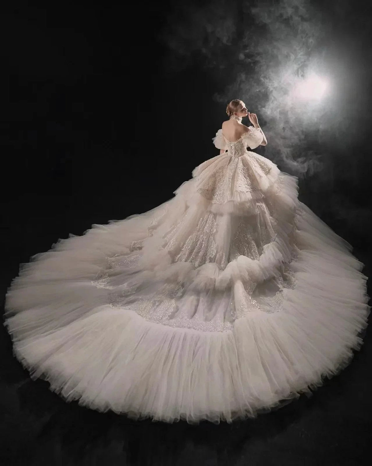 Opulent Off-the-Shoulder Ball Gown Tulle Puff Sleeve Beaded Lace Wedding Dress with Layered Ruffled Train & Choker (ZD16899)