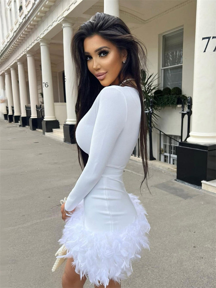 TARUXY Deep V Neck Mini Dress For Women Feathers Patchwork Sexy Bodycon Dresses Ladies Slim Solid Party Prom Dress Woman 2023 - View 4 | VelvetHem