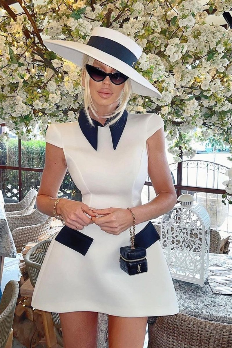 Inés Timeless Polyester Cap Sleeve Mini Dress with Contrasting Colour Elevated Occasion Wear