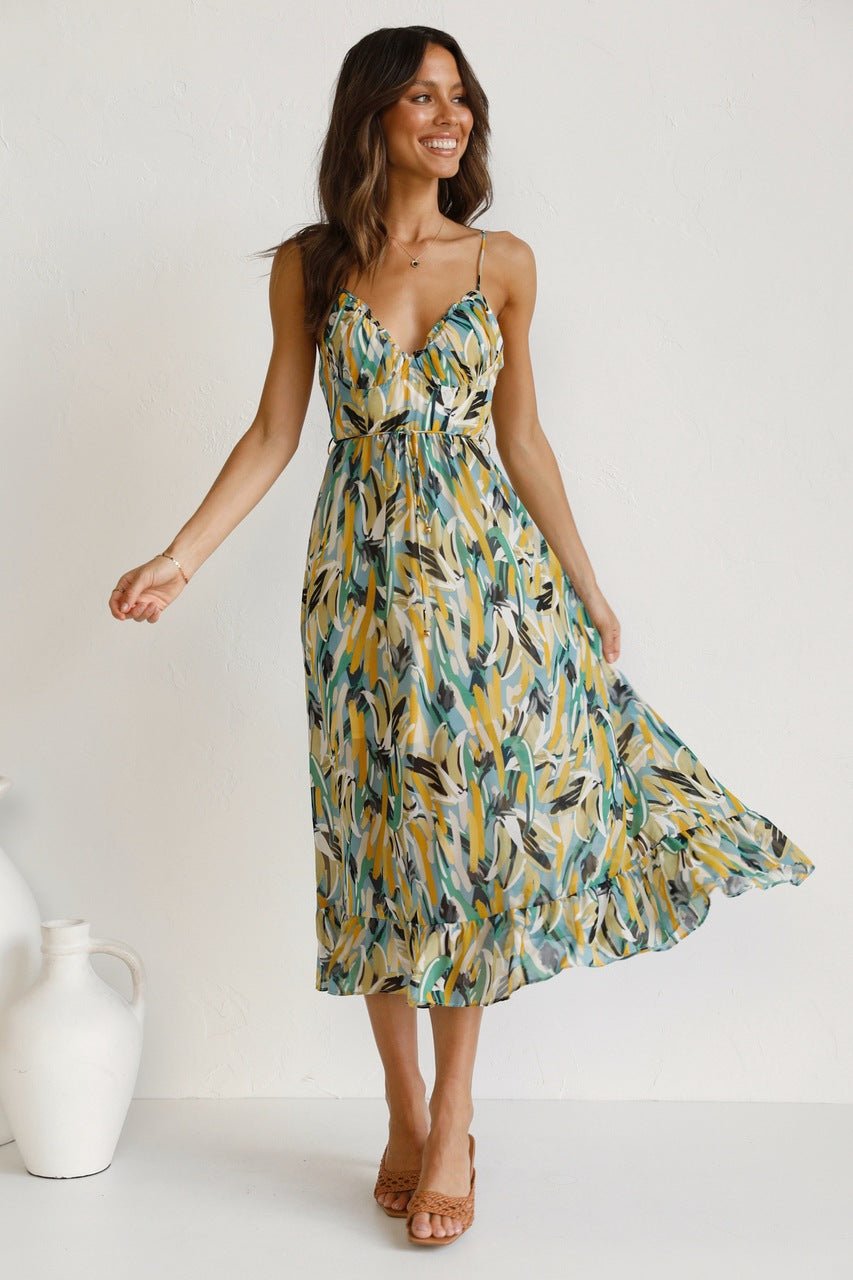 Fabiola Effortless Printed Midi Summer Dress with Ruffle Trim Elevated Occasion Wear