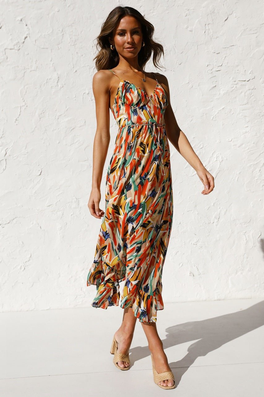 Fabiola Effortless Printed Midi Summer Dress with Ruffle Trim Elevated Occasion Wear