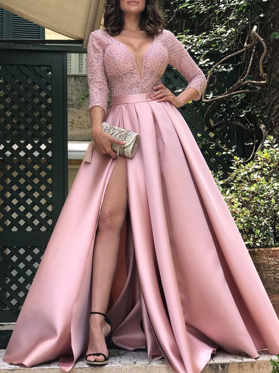 Women's Dresses Bronzing V-Neck Banquet Slit Evening Dress - View 6 | VelvetHem