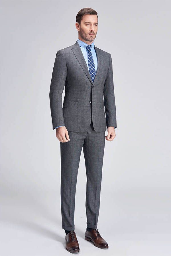 Advanced Grey Plaid Mens Suits for Business Peak Lapel Bespoke Suits for Men Sale