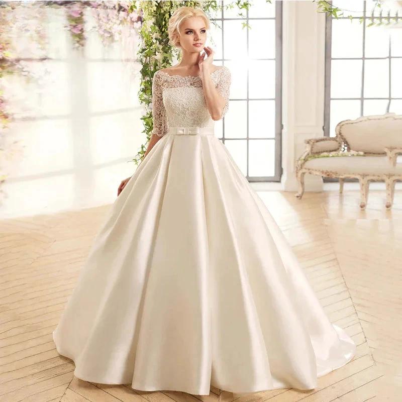 Elegant Lace Wedding Dresses For Women Half Sleevess Bride With Belt Bow Vestidos De Novia Boda Suknia Ślubna Robe Mariée (ZD13364)