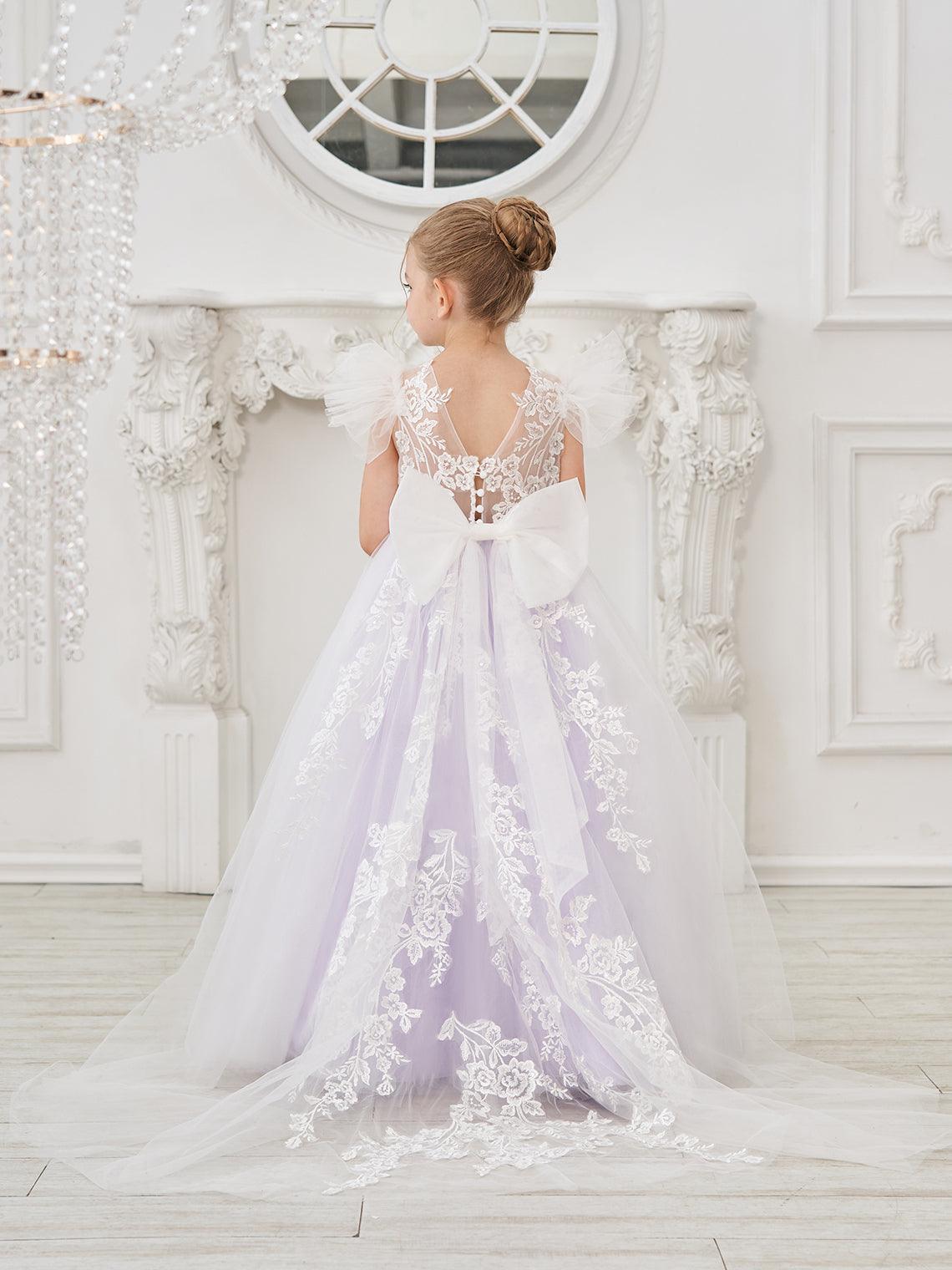 Detachable Lace Tulle Sweep Train Flower Girl Dress