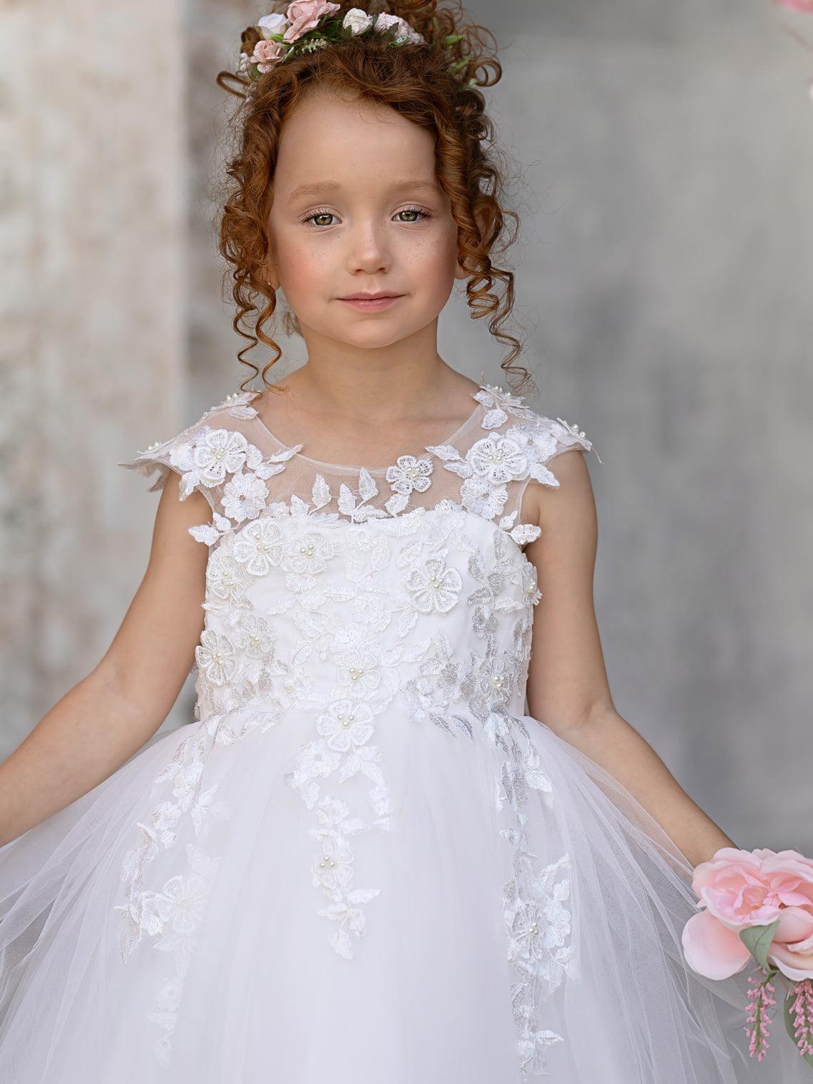 Ivory Princess Gown with Lace Appliques and Tulle Bow | Short Sleeve Ankle-Length Tulle Flower Girl Dress - View 3 | VelvetHem