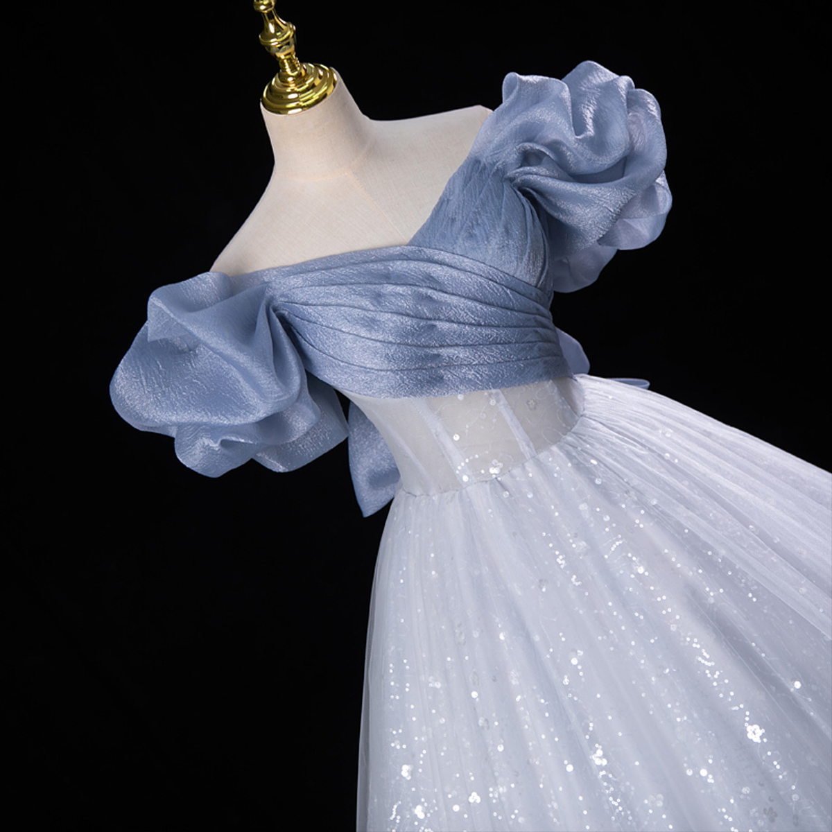 Fairy Blue Tulle Sequins Off-the-Shoulder Quinceanera Dress Cute Ball Gown With Bow - View 2 | FashionDia