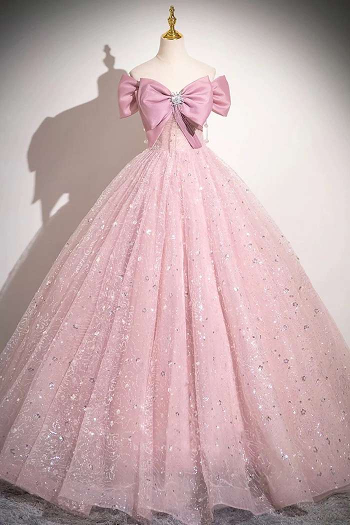 Cute Pink Tulle Sequins Long A-Line Ball Gown, Off-the-Shoulder Sweet 16 Dress
