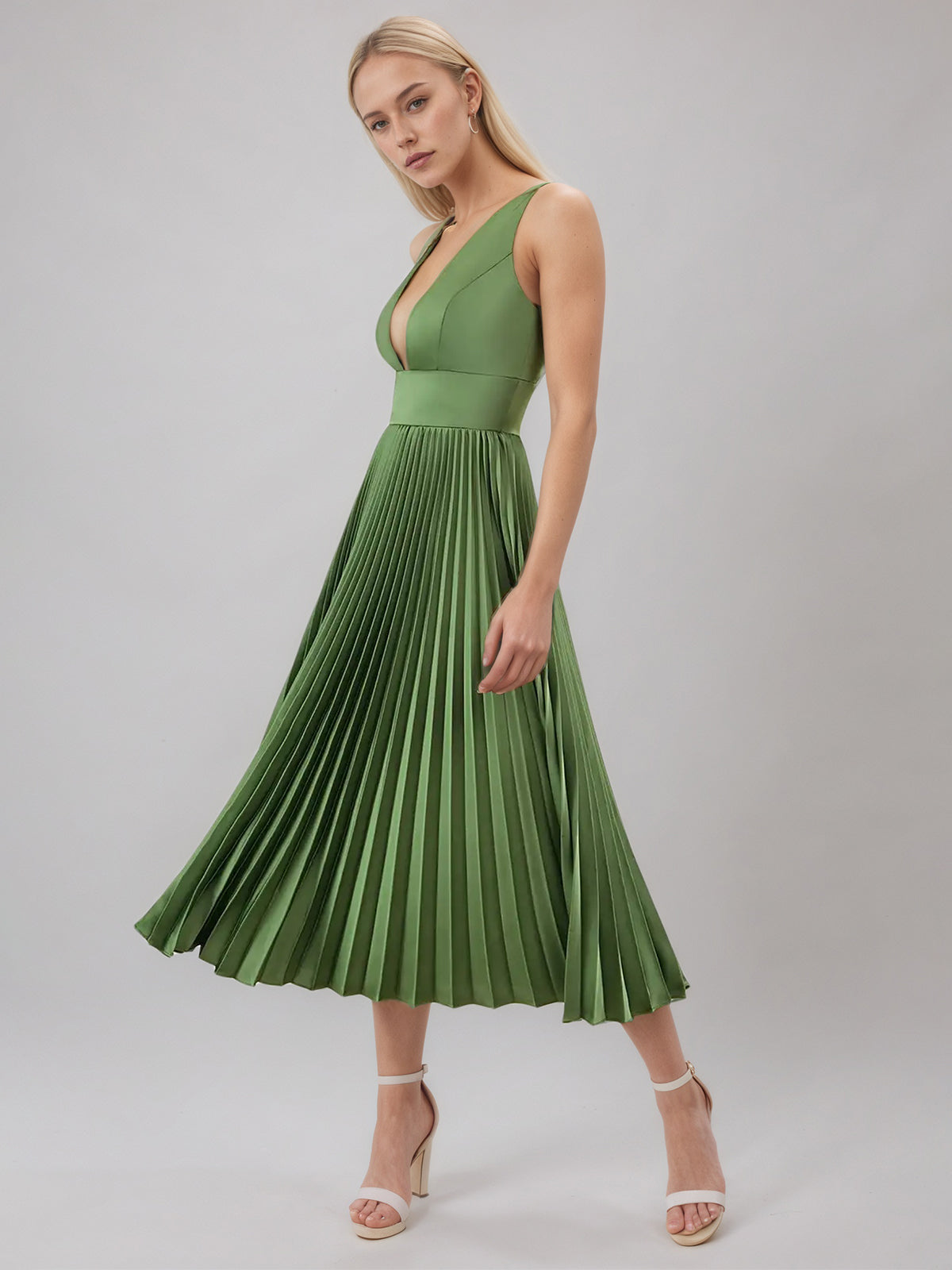 Olive Green A Line Satin V Neck Sleeveless Tea Length Dress