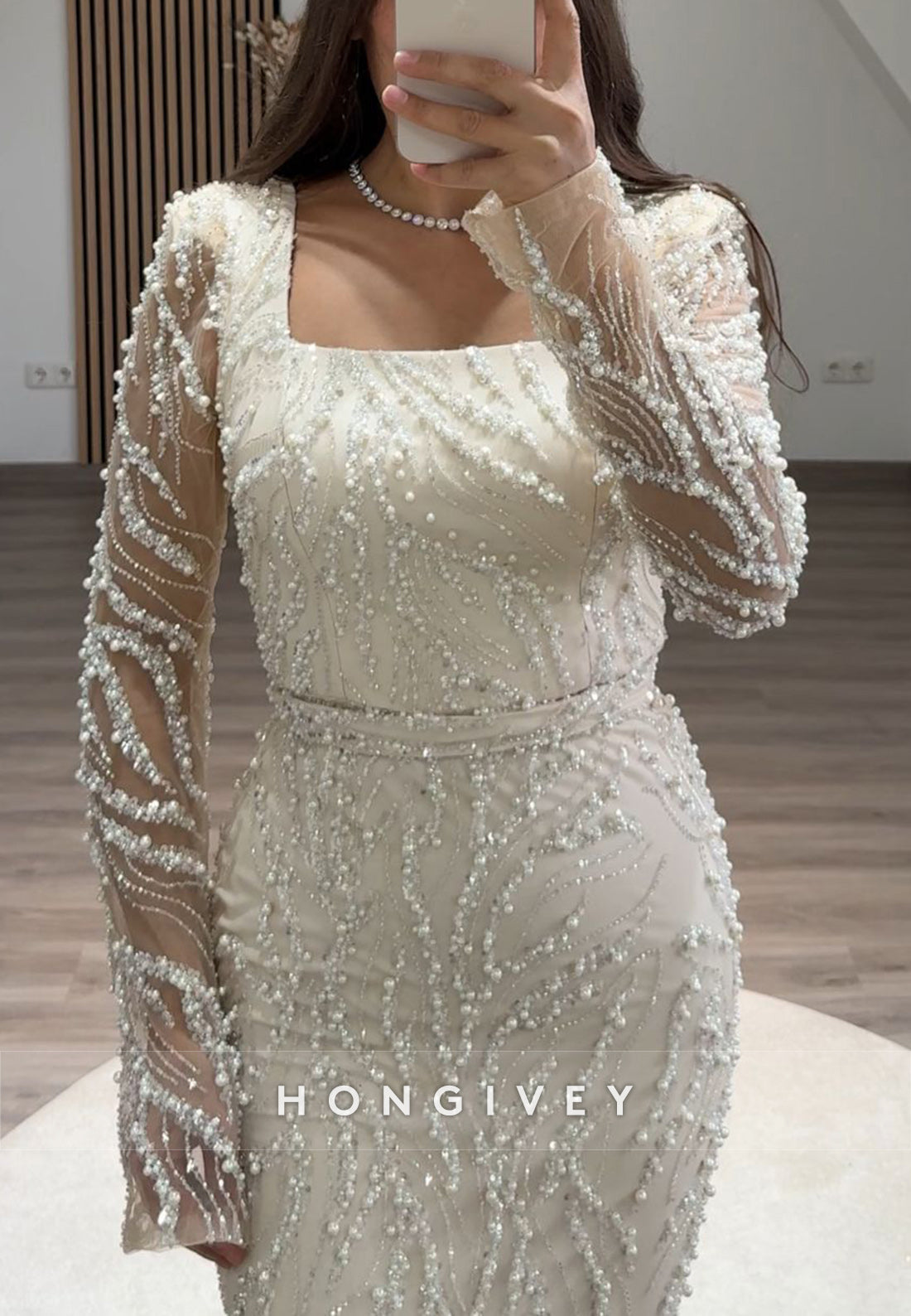 Column Floor-Length Square Long Sleeve Beading Glitter Split Formal Evening Dresses