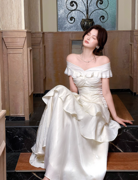 Off The Shoulder Ivory Long Prom Dress Layered Evening Dress J8606