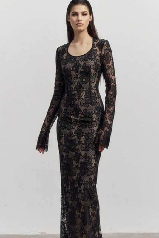 Elegant Long Sleeve Bodycon Maxi Lace Dress - VelvetHem