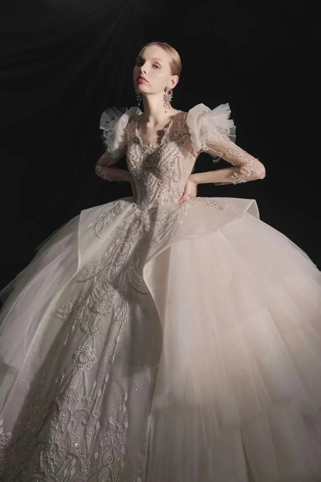 Glamorous V-Neck Ball Gown Long Lace Sleeve Beaded Embroidery Wedding Dress with Ruffled Train (ZD16904)
