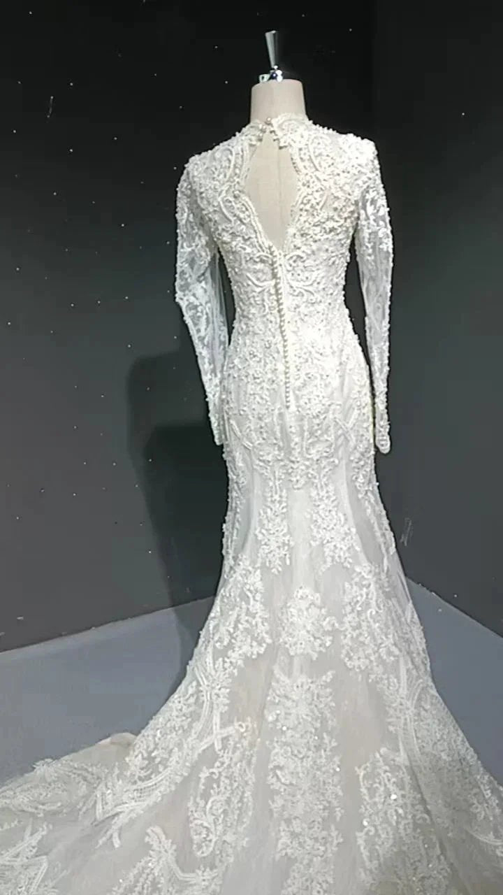 V-neck long sleeved luxurious nail bead trailing bridal veil (ZD16770) - View 2 | VelvetHem