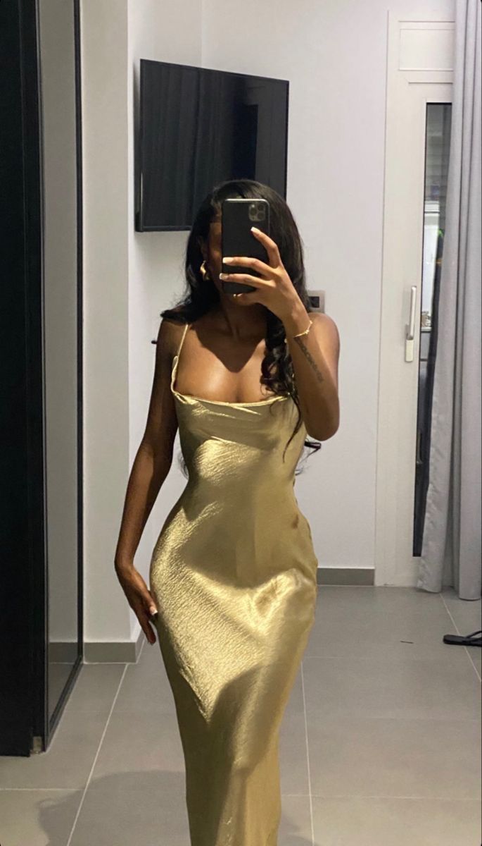Mermaid Spaghetti Straps Long Prom Dress Gold Charming Evening Dress Black Girls Prom Dress - View 7 | FashionDia