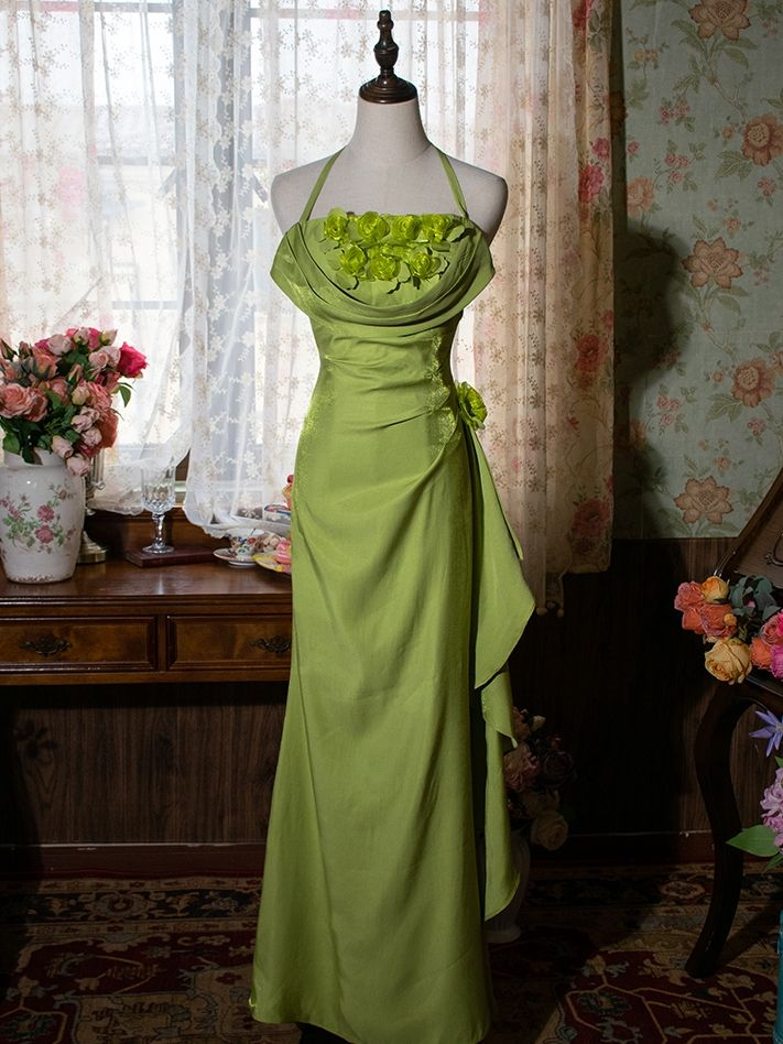 Green Halter Floral Prom Gown Vintage Party Dress Evening Dress - FashionDia