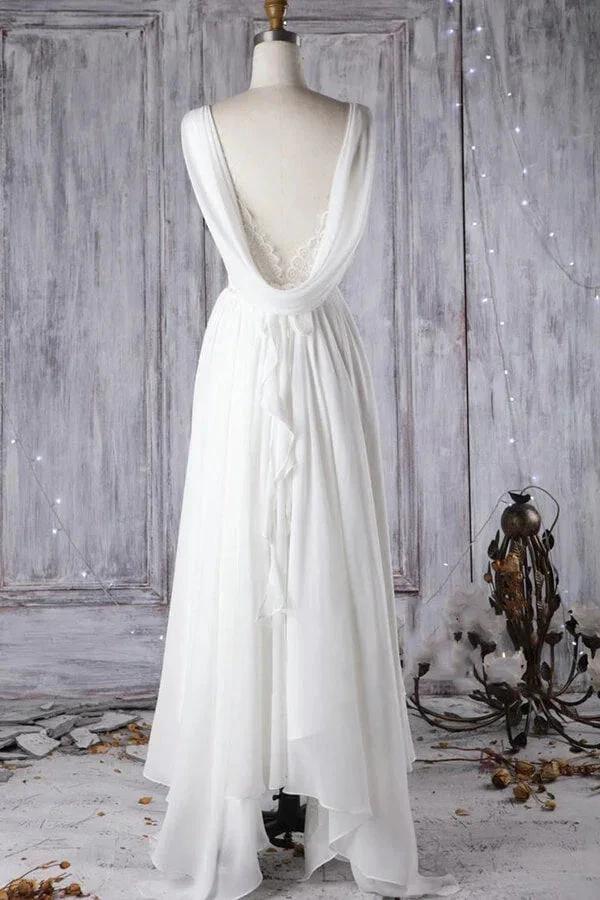 Affordable A-line Asymmetric Lace Chiffon Open Back Wedding Dress (ZD14373)