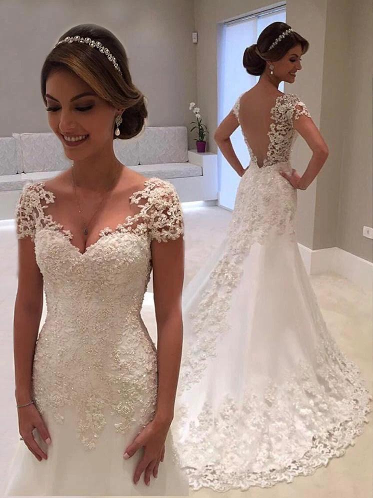 Affordable Long Mermaid V-Neck Lace Backless Wedding Dresses with Cap Sleeves (ZD15904)