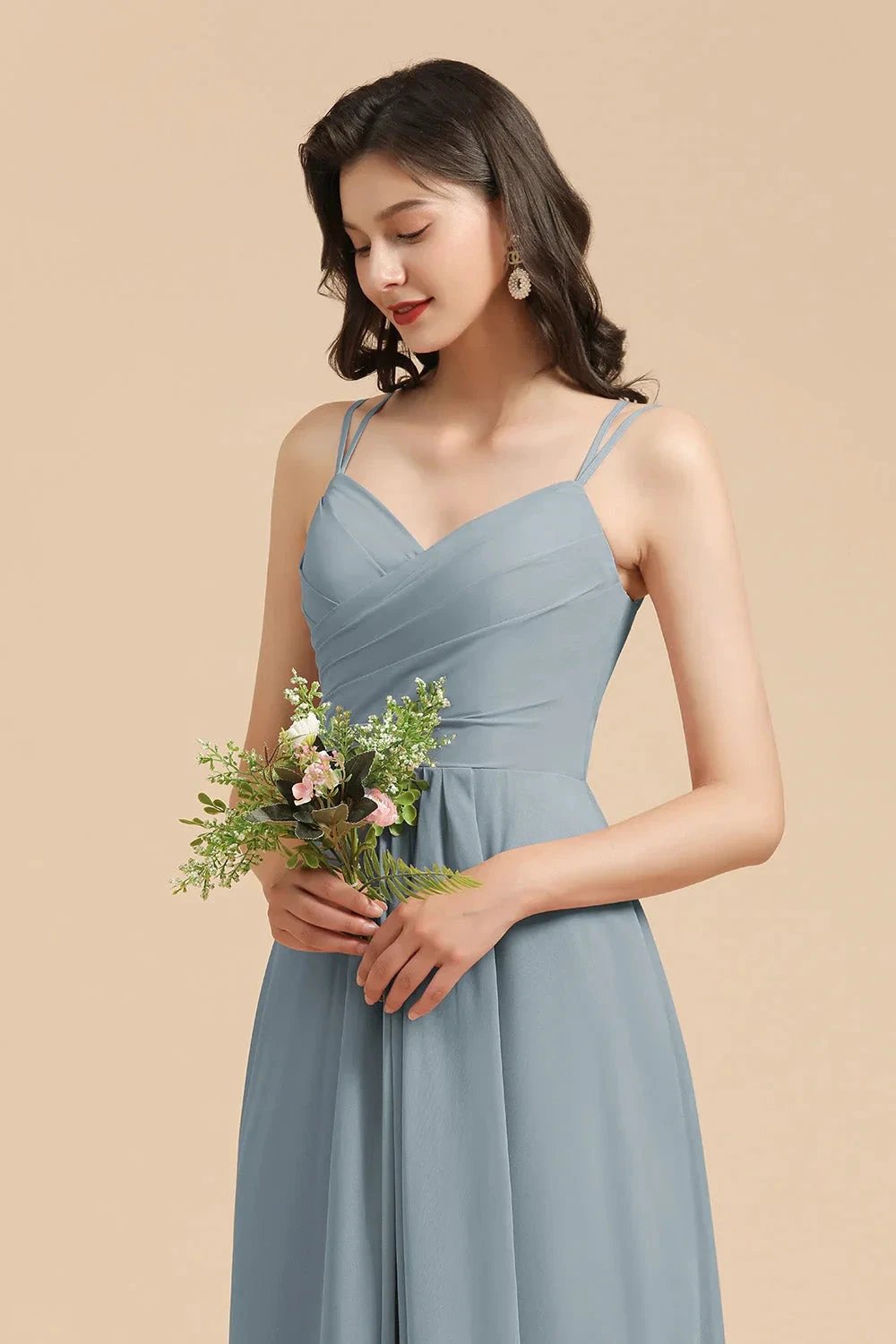 Affordable V-Neck Ruffle Dusty Blue Chiffon Bridesmaid Dresses (ZD12870)
