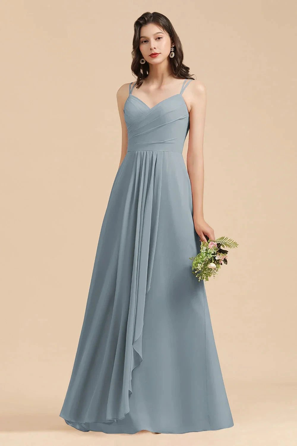 Affordable V-Neck Ruffle Dusty Blue Chiffon Bridesmaid Dresses (ZD12870)