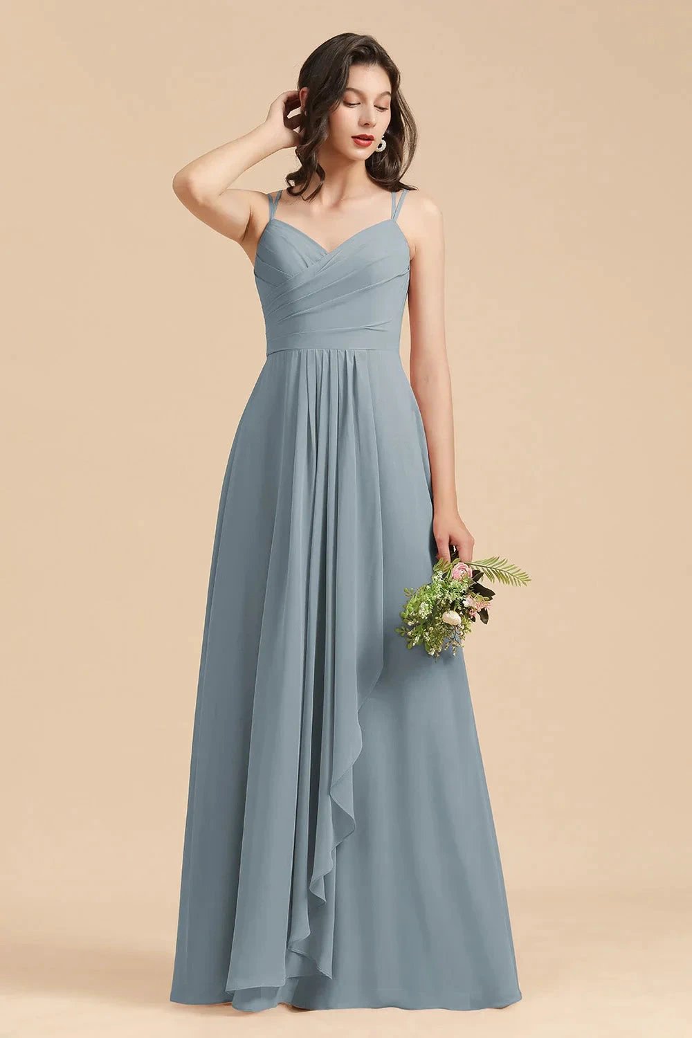Affordable V-Neck Ruffle Dusty Blue Chiffon Bridesmaid Dresses (ZD12870)