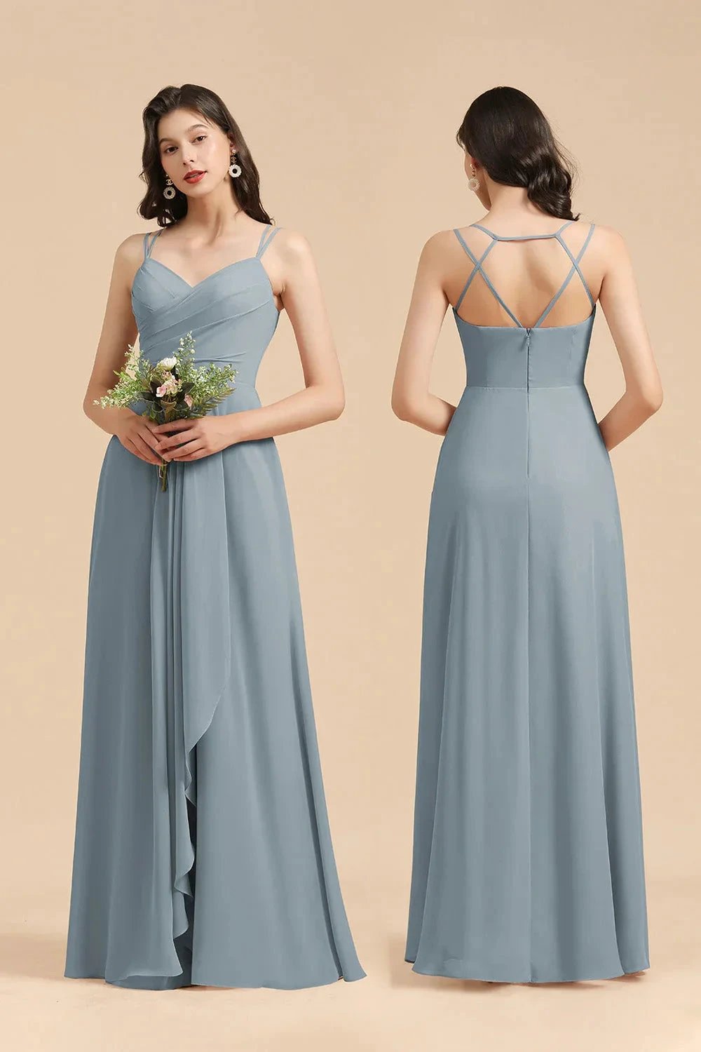 Affordable V-Neck Ruffle Dusty Blue Chiffon Bridesmaid Dresses (ZD12870)