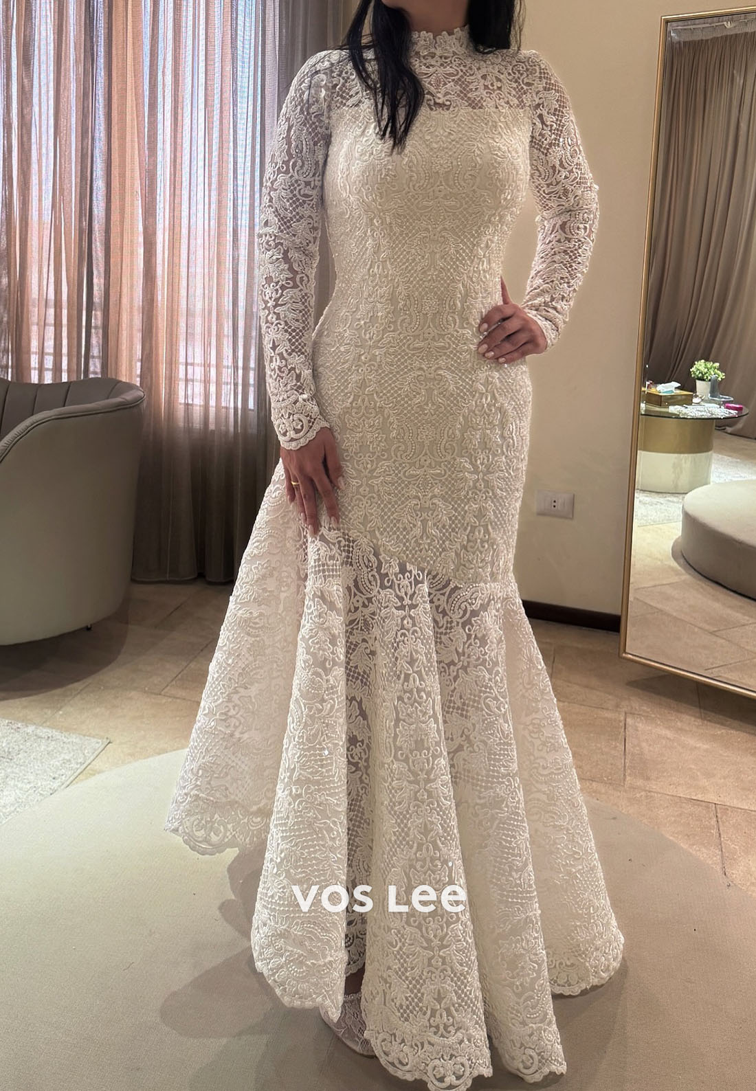 High Neck Lace Mermaid Wedding Dress Long Sleeve Intricate Bridal Gown