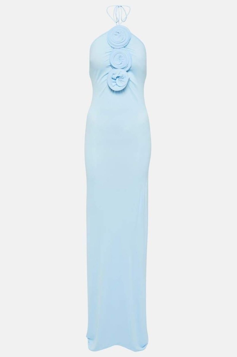 Bárbara Timeless Neck Maxi Dress with Floral Appliqués Premium Wardrobe Essential