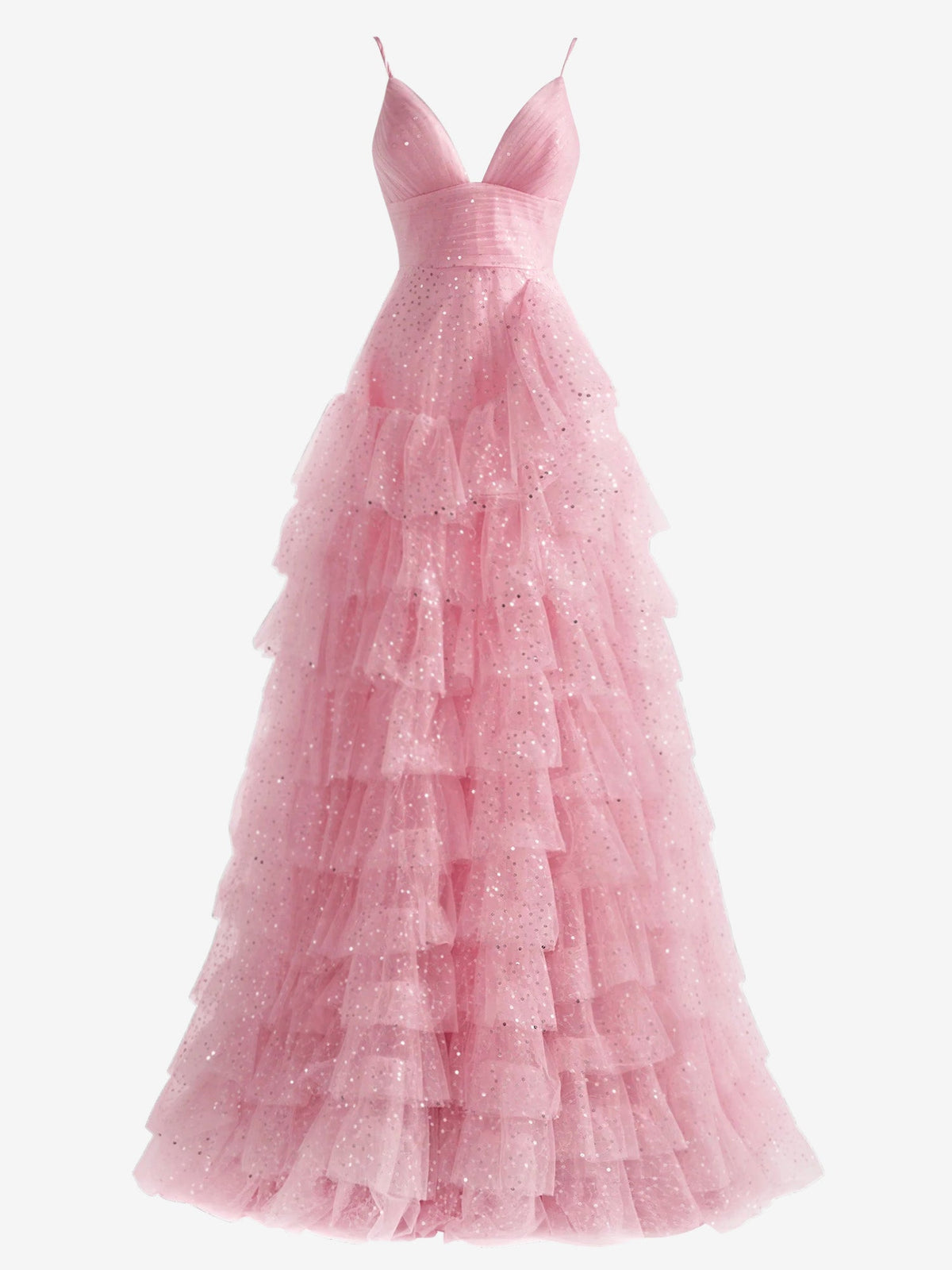 Light Pink A-Line Tiered Spaghetti Straps Tulle Prom Dress - VelvetHem