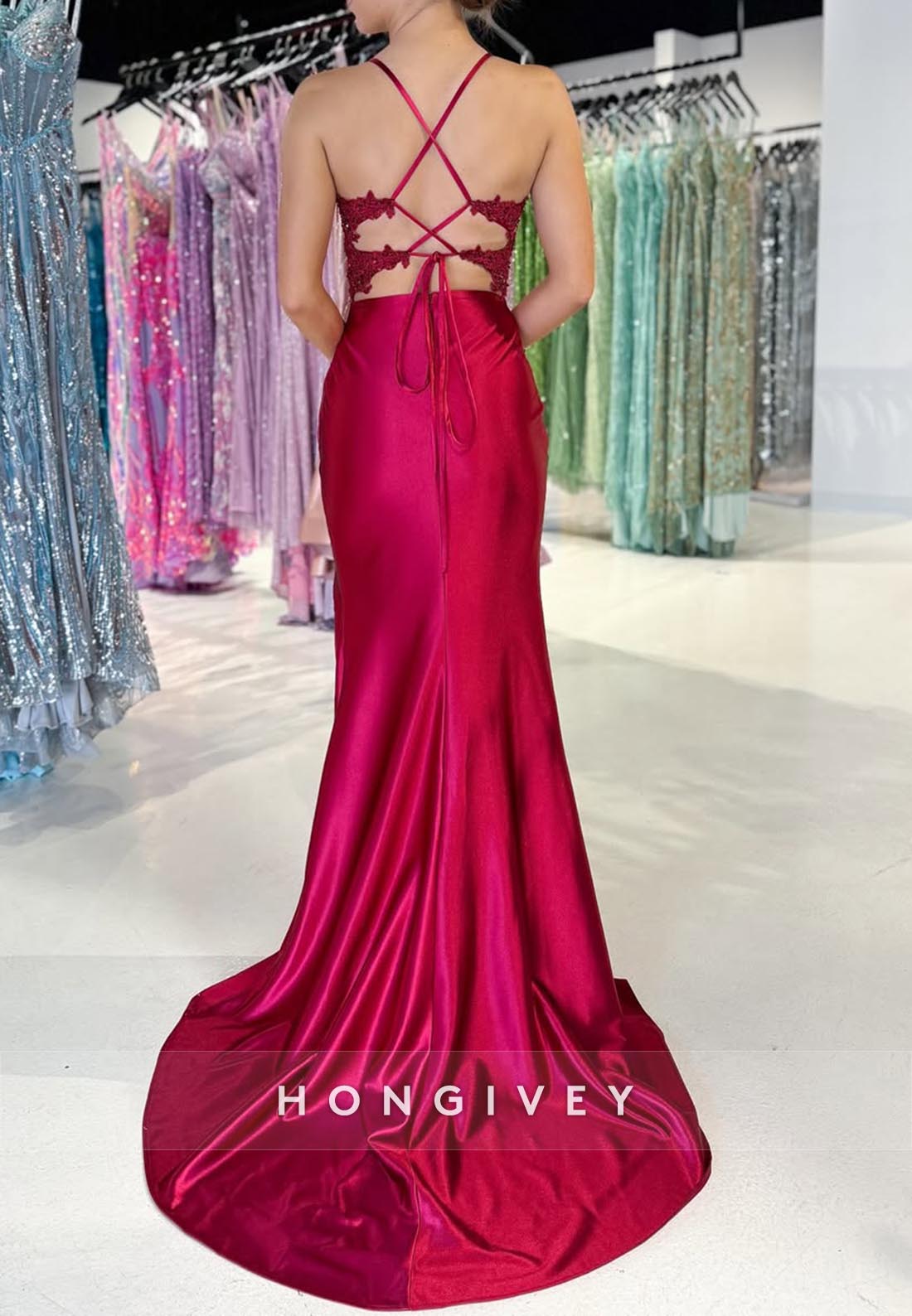 Floral Lace Halter High Slit Mermaid Sleek Party Prom Dresses
