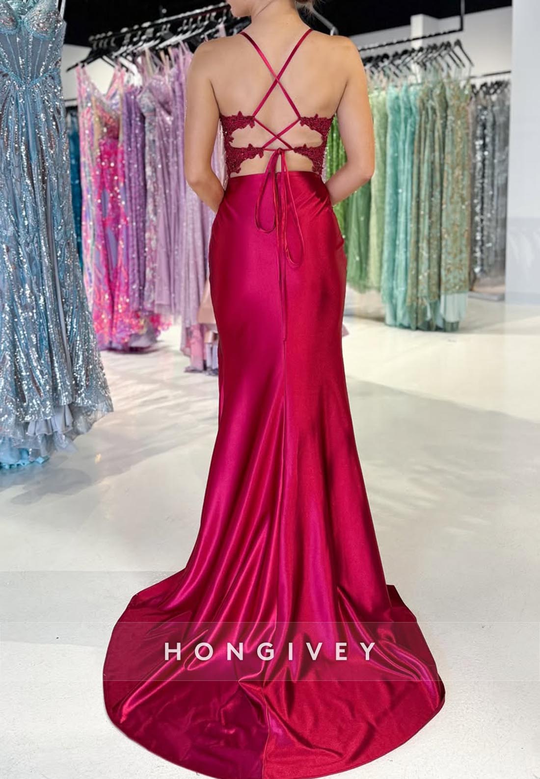 Floral Lace Halter High Slit Mermaid Sleek Party Prom Dresses