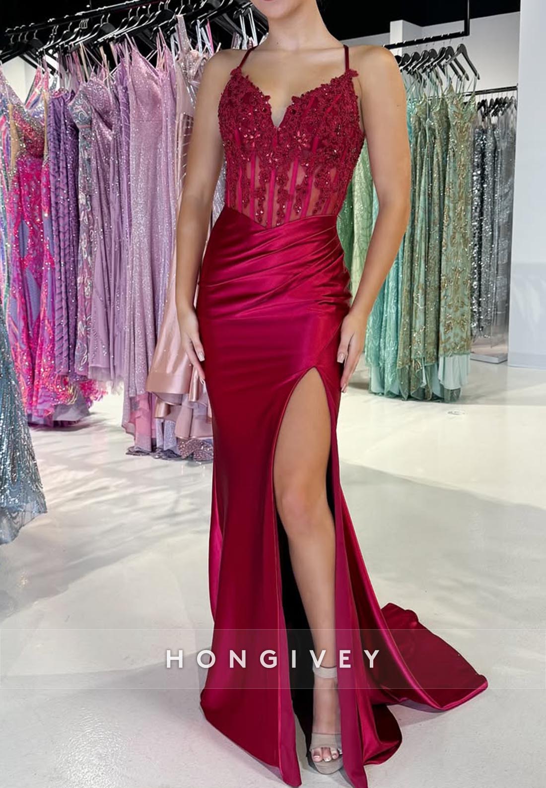 Floral Lace Halter High Slit Mermaid Sleek Party Prom Dresses