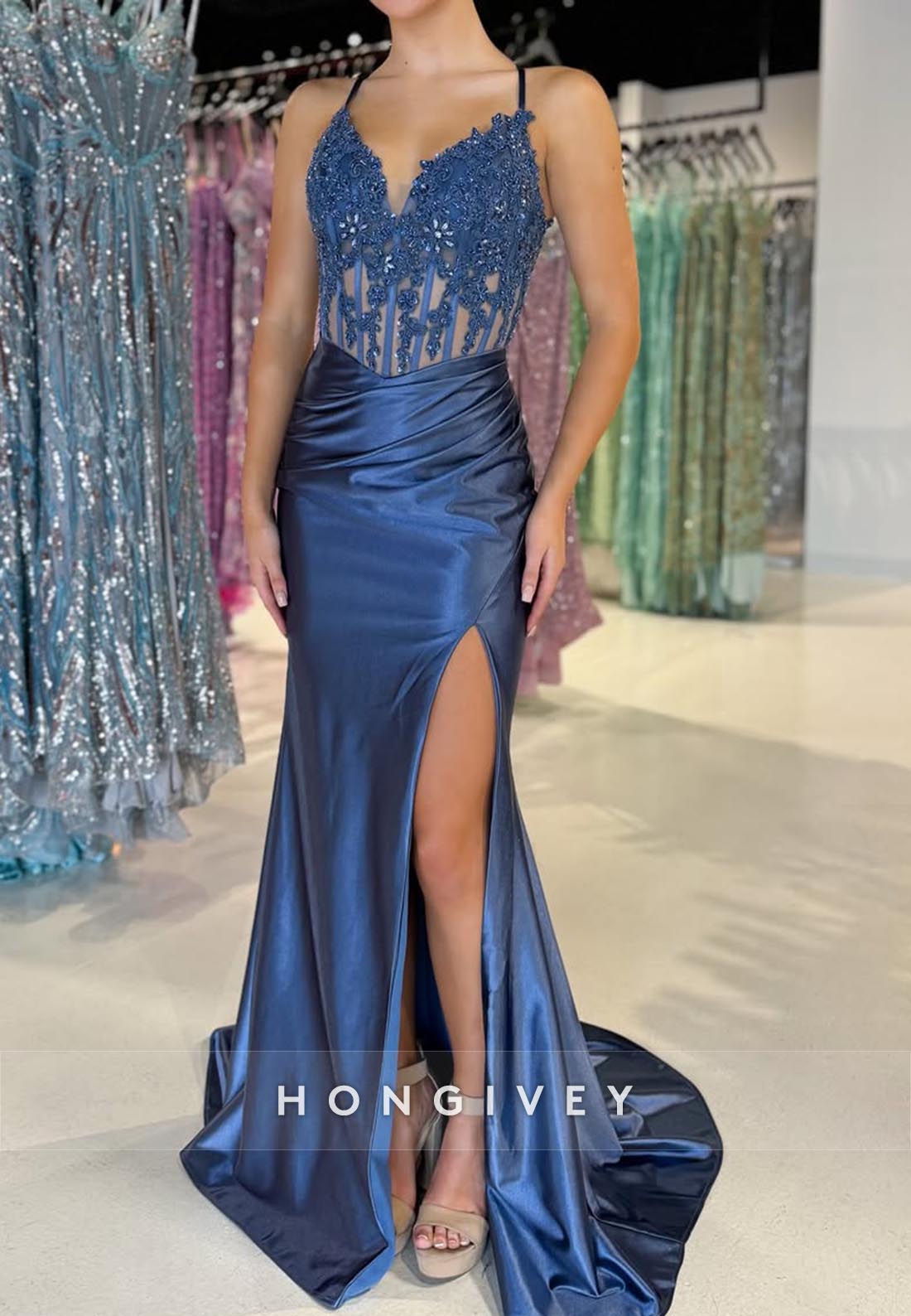 Floral Lace Halter High Slit Mermaid Sleek Party Prom Dresses