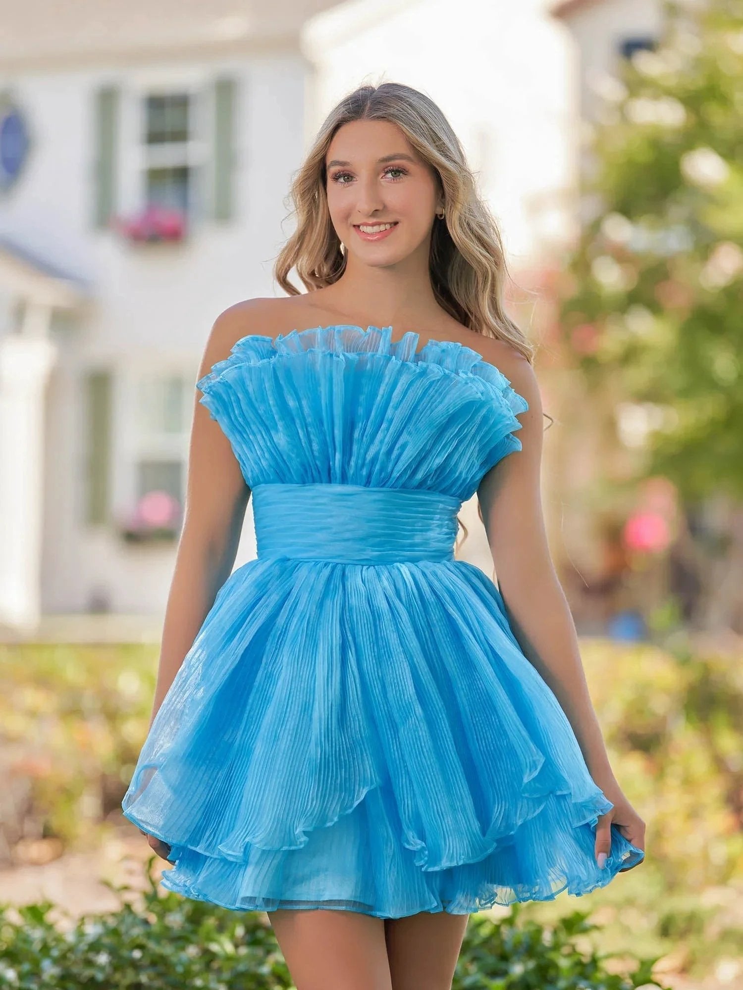 Blue A-Line Strapless Pleated Short Tiered Homecoming Dress (ZD11577)